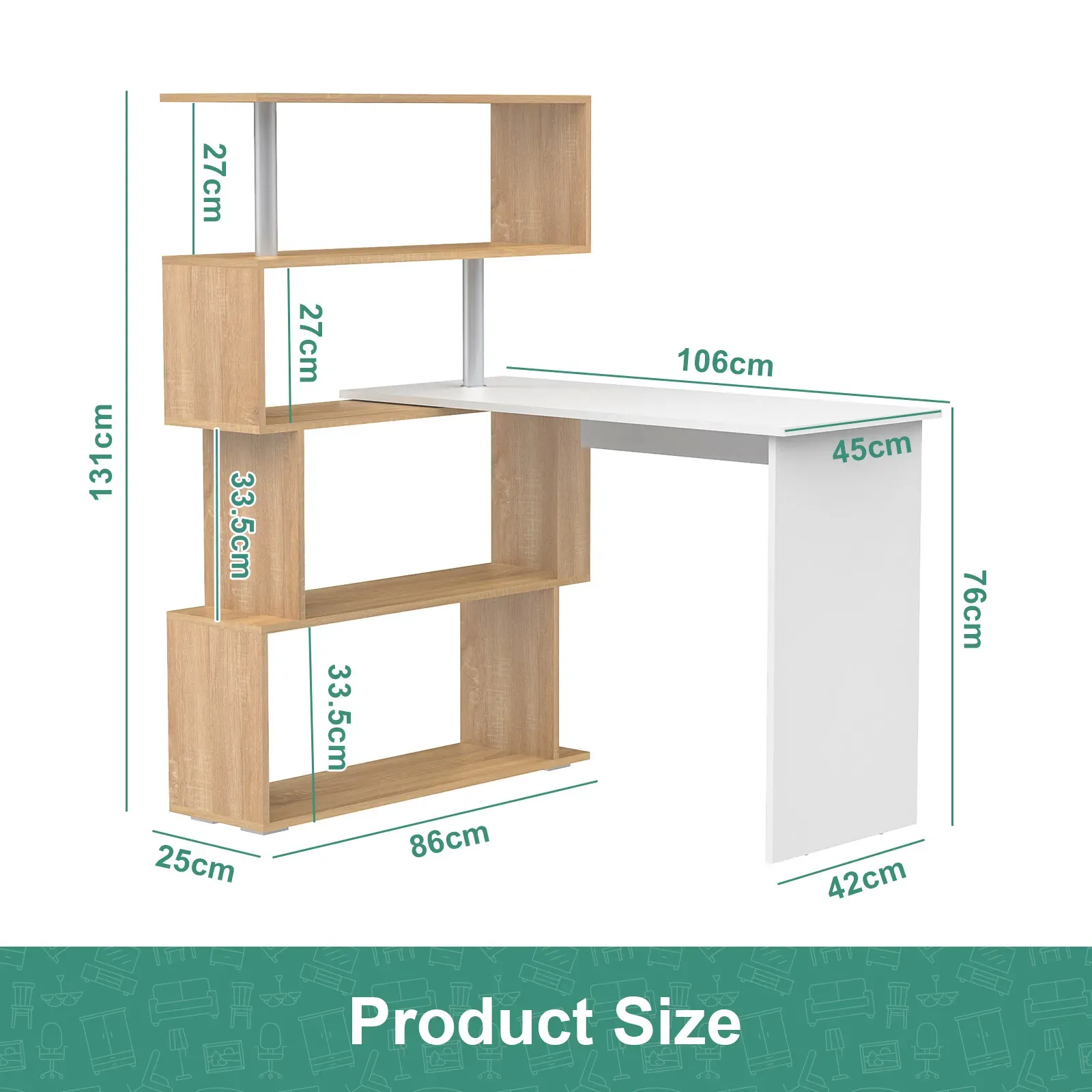Adjustable Computer Desk with Storage Shelving in White Jointed Oak, 131 × 86 × 106cm — image 6