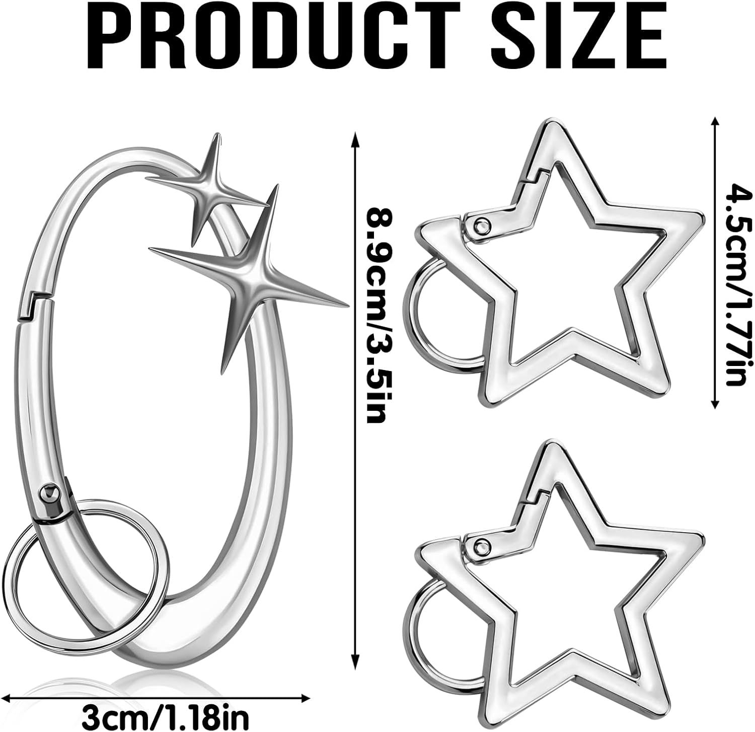 3 Pack Star-Shaped Carabiner Keychains, Shiny Alloy Key Ring Clips for Car Keys, Handbags, Backpacks, Purses and Bag Charms, Silver — image 2