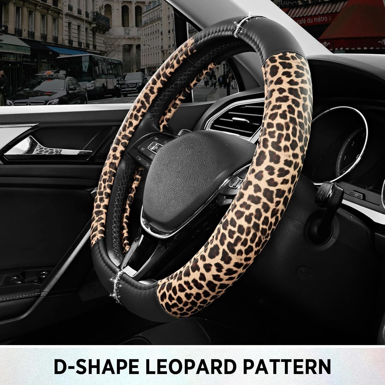 Leopard Steering Wheel Cover for Women, Cute Anti-Slip Microfiber Leather, Fits D Shape Flat Bottom Steering Wheel 14.5-15 Inch - Black โ image 6
