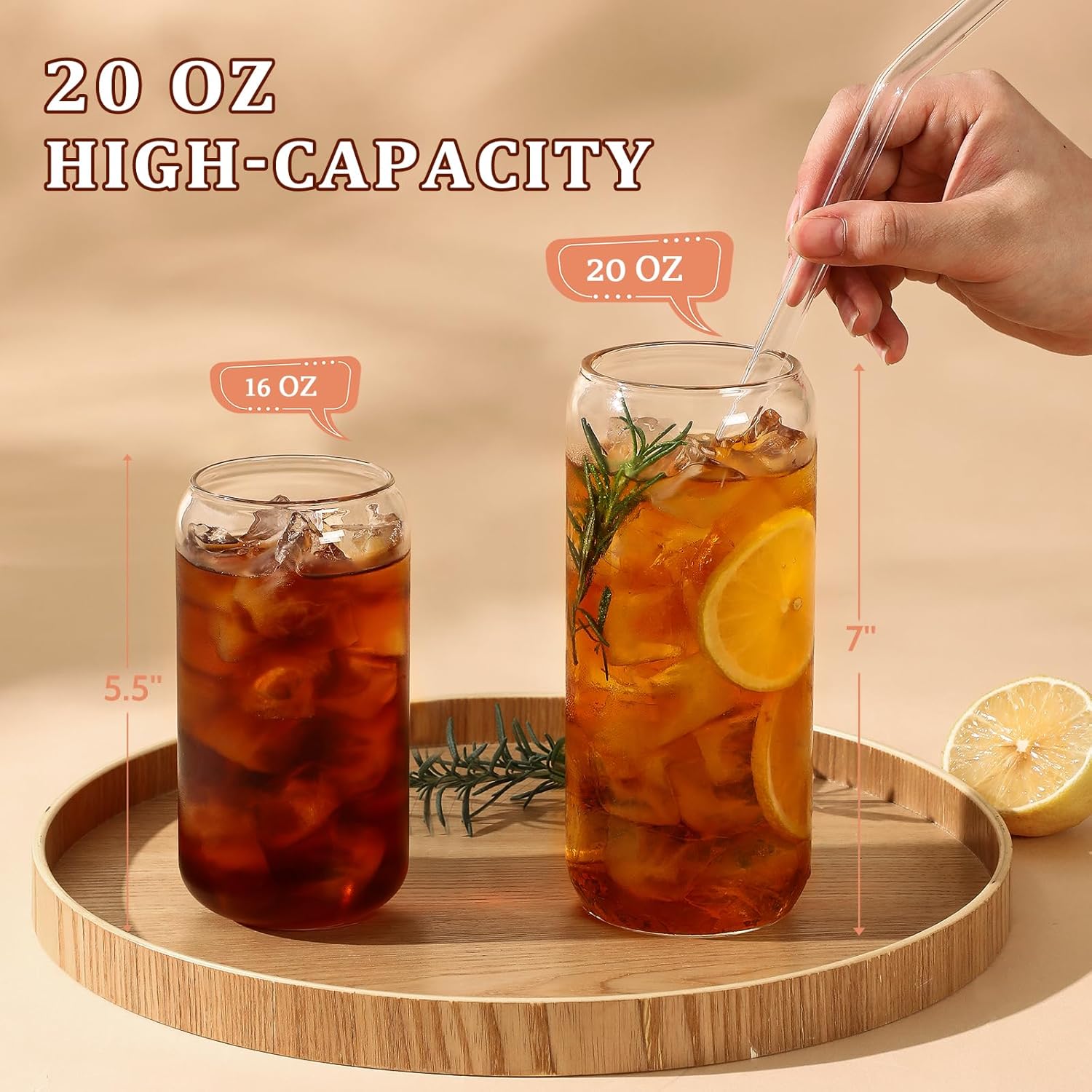 20 OZ Glass Cups with Bamboo Lids and Glass Straw - Beer Shaped Drinking Glasses Set, Iced Coffee Glasses, Cute Tumbler Cup, Aesthetic Coffee Bar Accessories — image 2