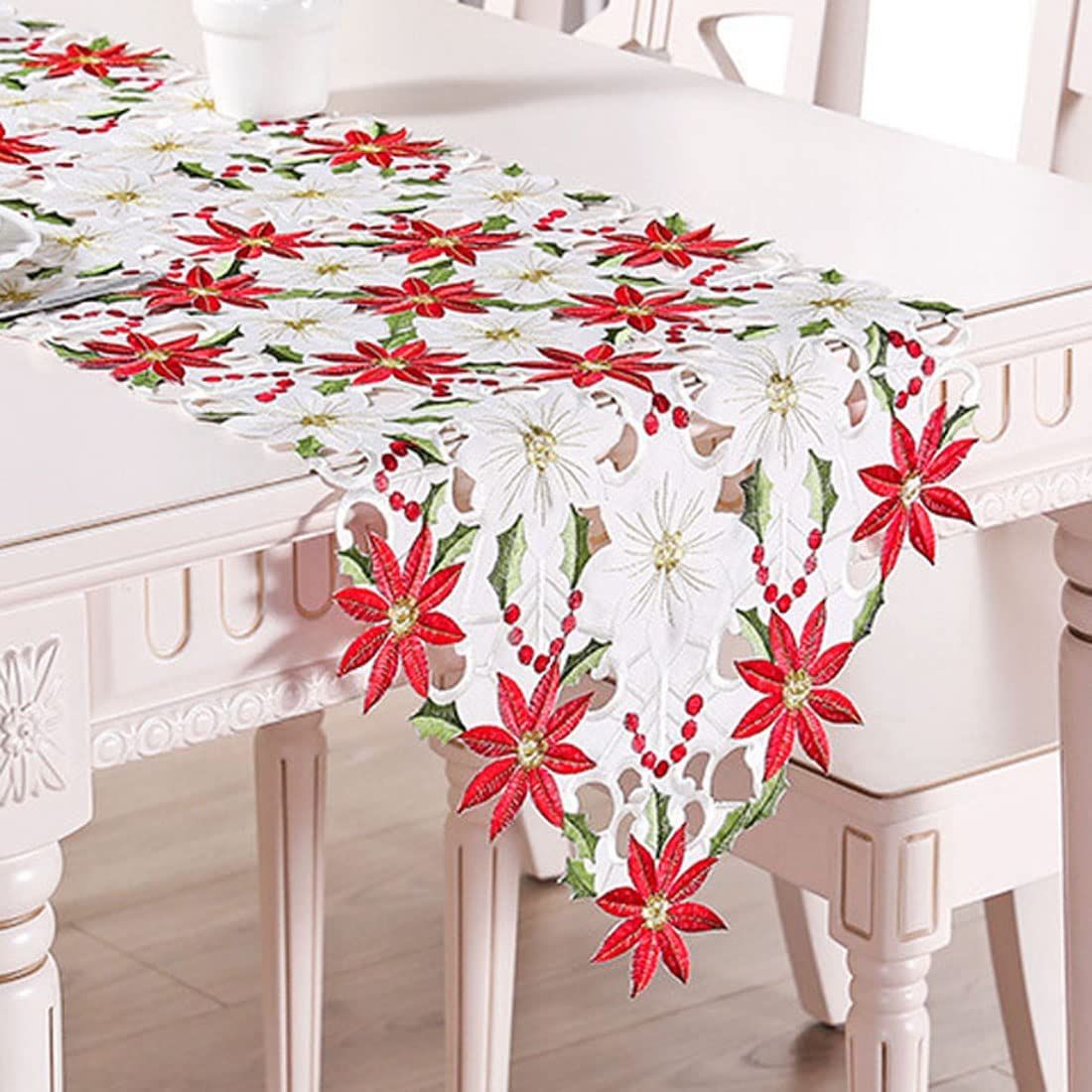 OurWarm Christmas Embroidered Table Poinsettia Holly Leaf Table Linens for Christmas Decorations-15" X 69" — image 2