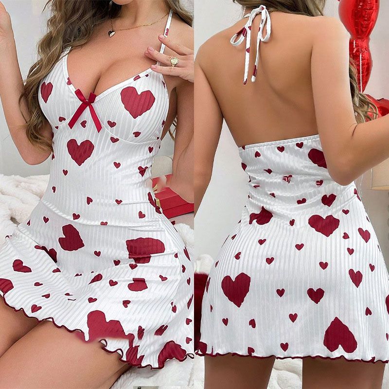 Women Sleeveless Milk Silk Sleepwear Set Heart Print XL — image 2