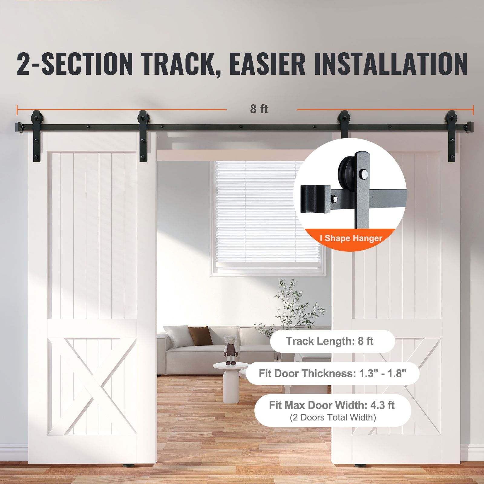 8FT Sliding Barn Door Hardware Closet Track Kit for Double Doors I Hanger — image 2