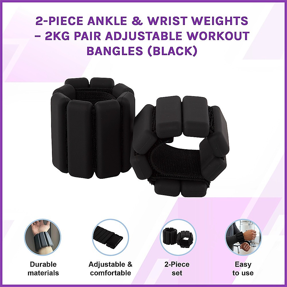 2-Piece Ankle & Wrist Weights – 2kg Pair Adjustable Workout Bangles (Black) — image 3