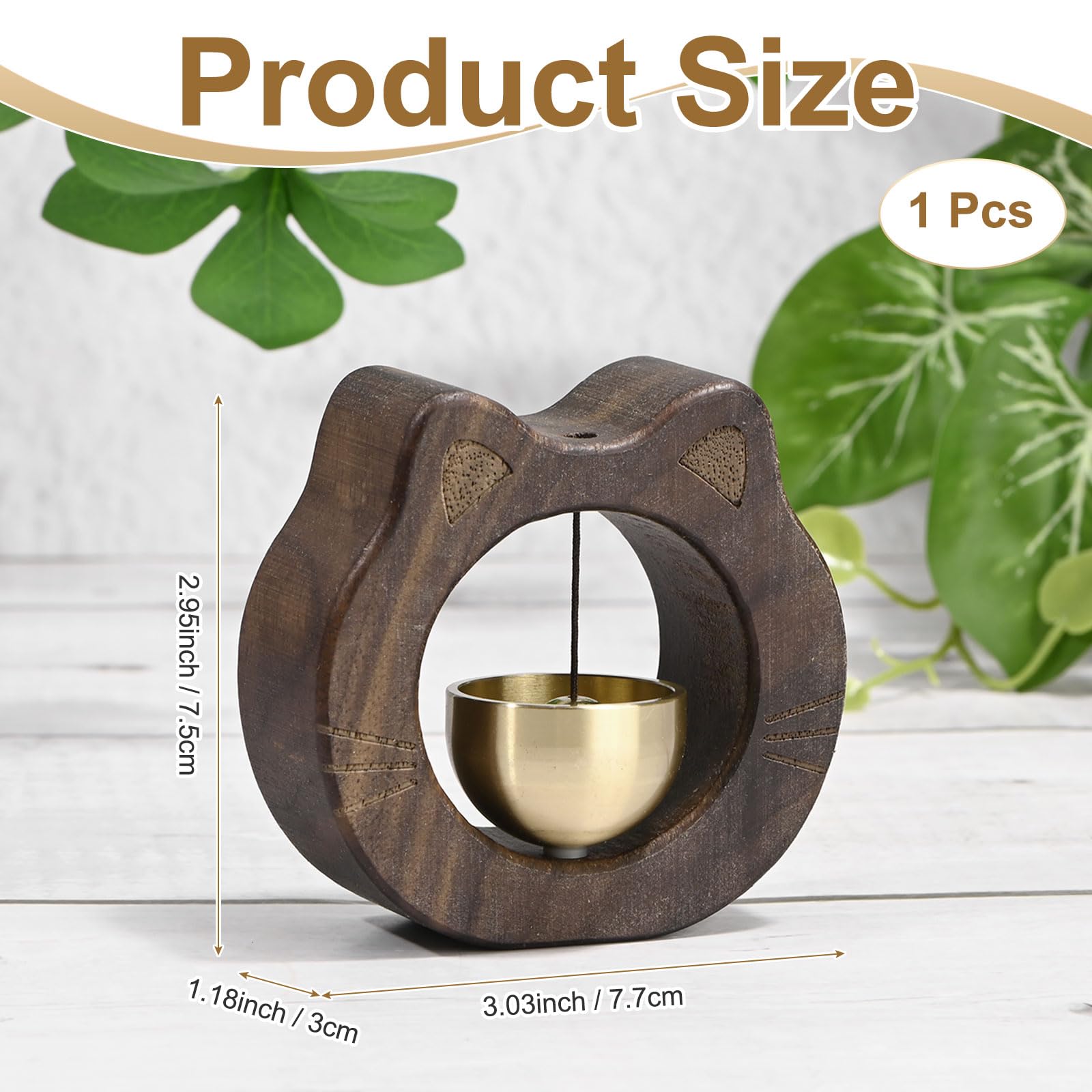 1 Piece Vintage Wooden Door Bell with Copper Chime and Magnetic Mount for Entryways and Bedrooms, Walnut Cat Face Design — image 3