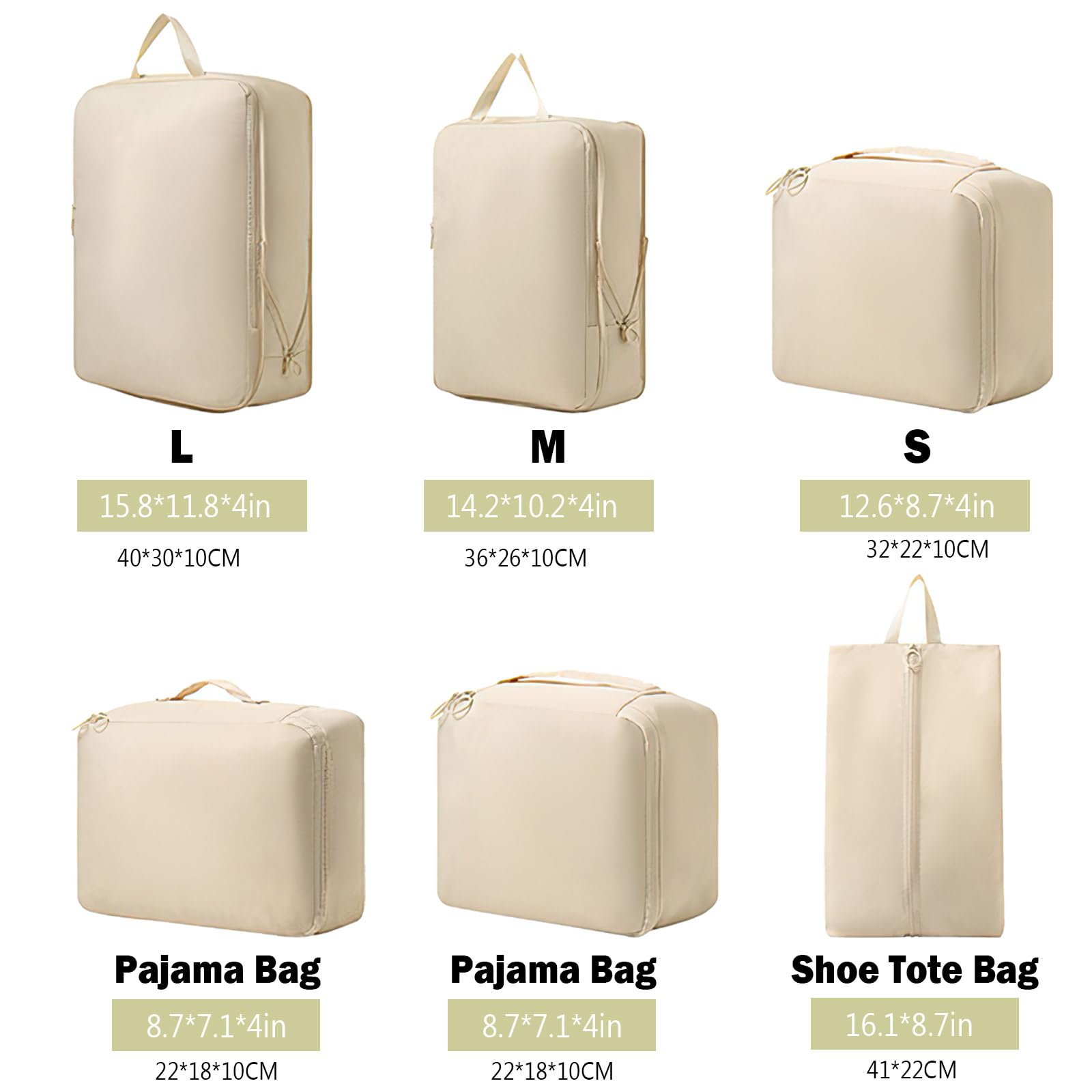 6 Pieces Travel Packing Cube Set with Water-Resistant Organiser Bags for Clothes, Shoes and Laundry, Space-Saving Luggage Storage, Beige — image 2
