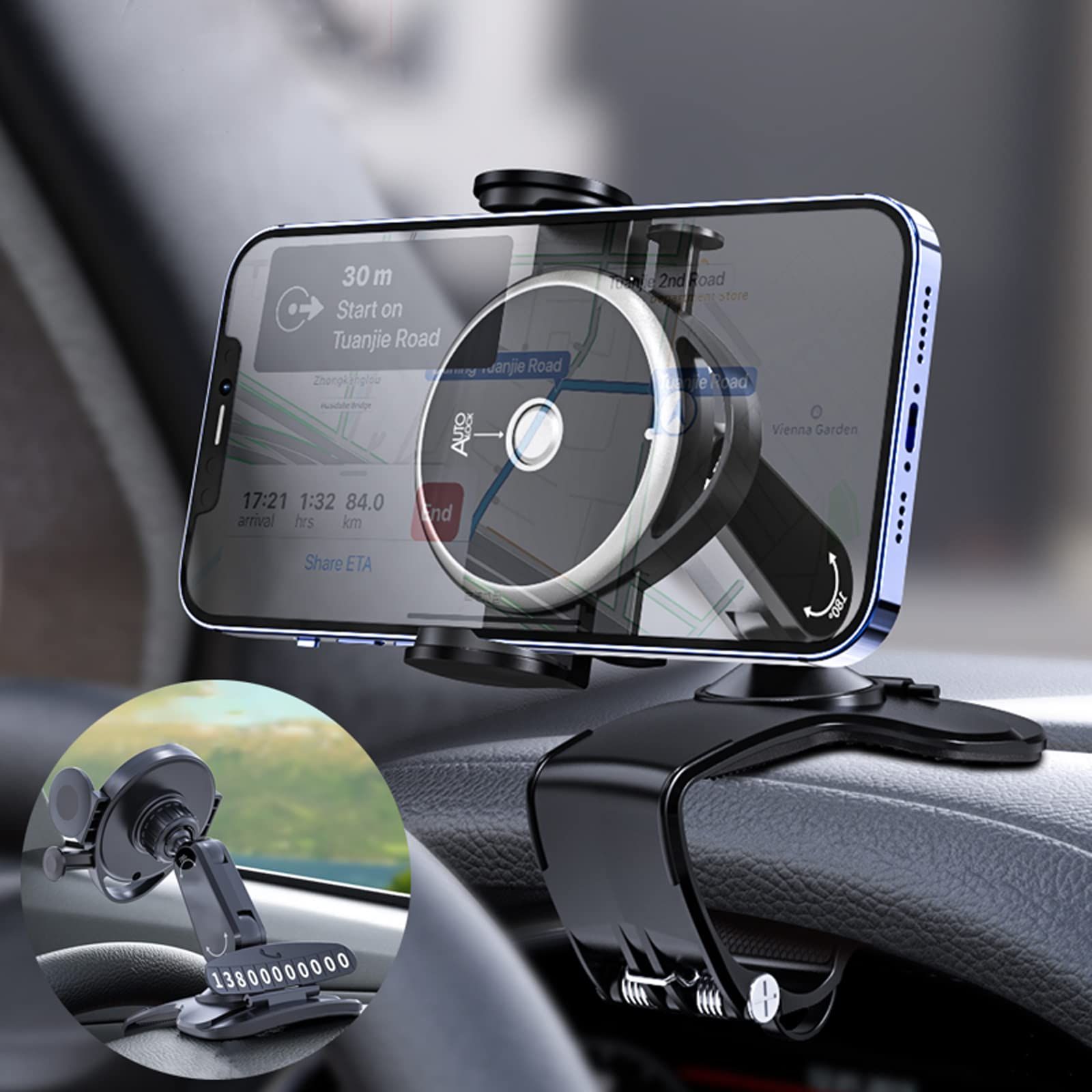 Car Phone Stand, 360-degree Swivel Clip-on Stand on The Dashboard, Cell Phone Stand with Parking Number Plate โ image 2