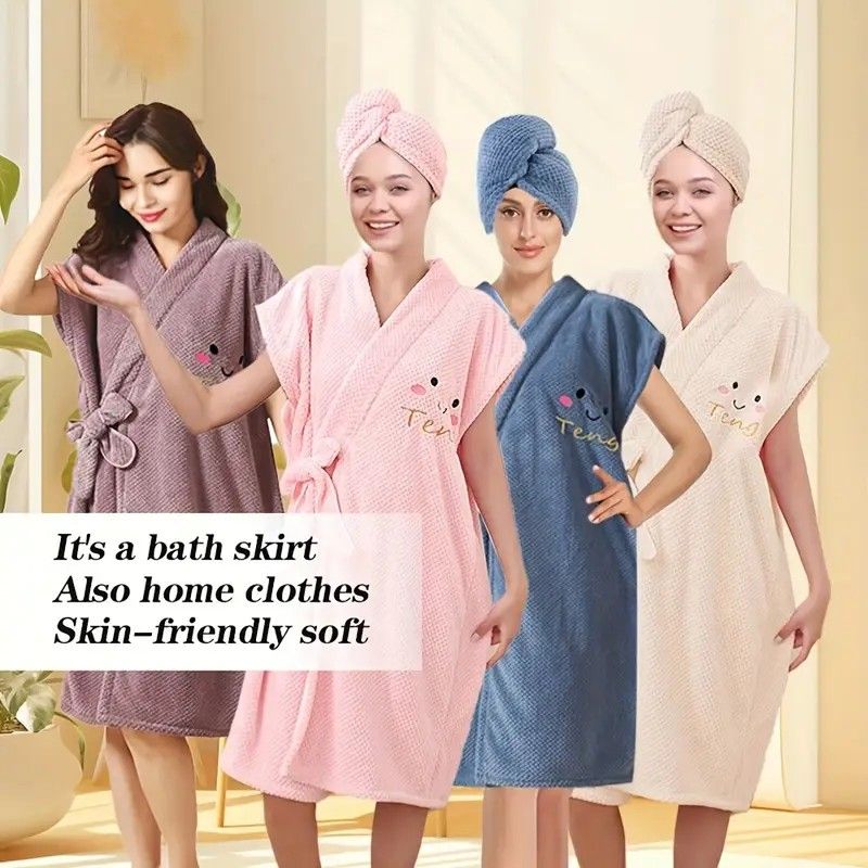 Women's Coral Fleece Pineapple Grid Two-Piece Set | Cloud-Like Touch Adjustable Bath Robe + Hair Towel, Adjustable Tie Belt, Suitable for Daily Home — image 4
