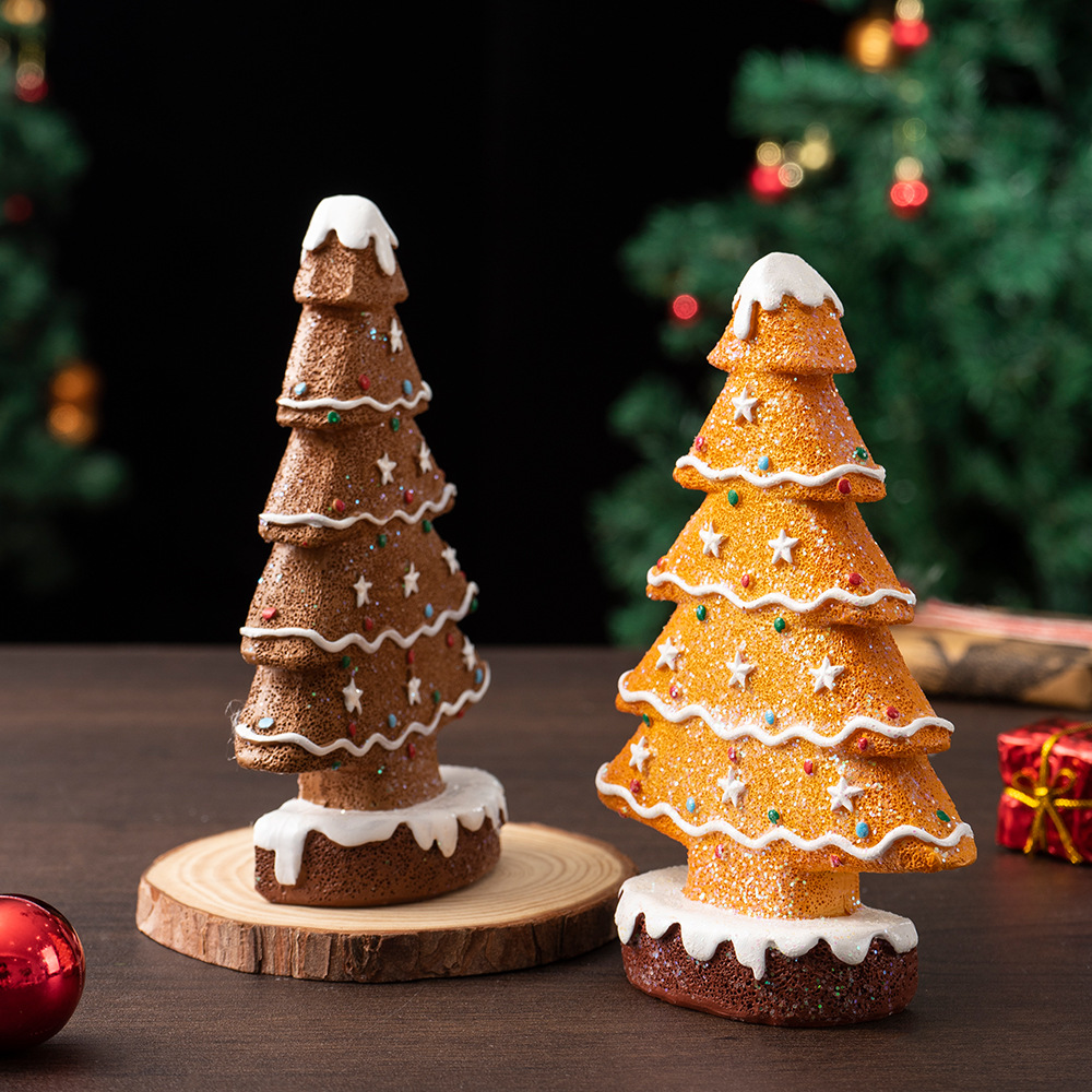 2 Pcs (1 Yellow + 1 Brown) Charming Gingerbread Christmas Tree Figurine - Festive Resin Holiday Table Decor Ornament — image 4