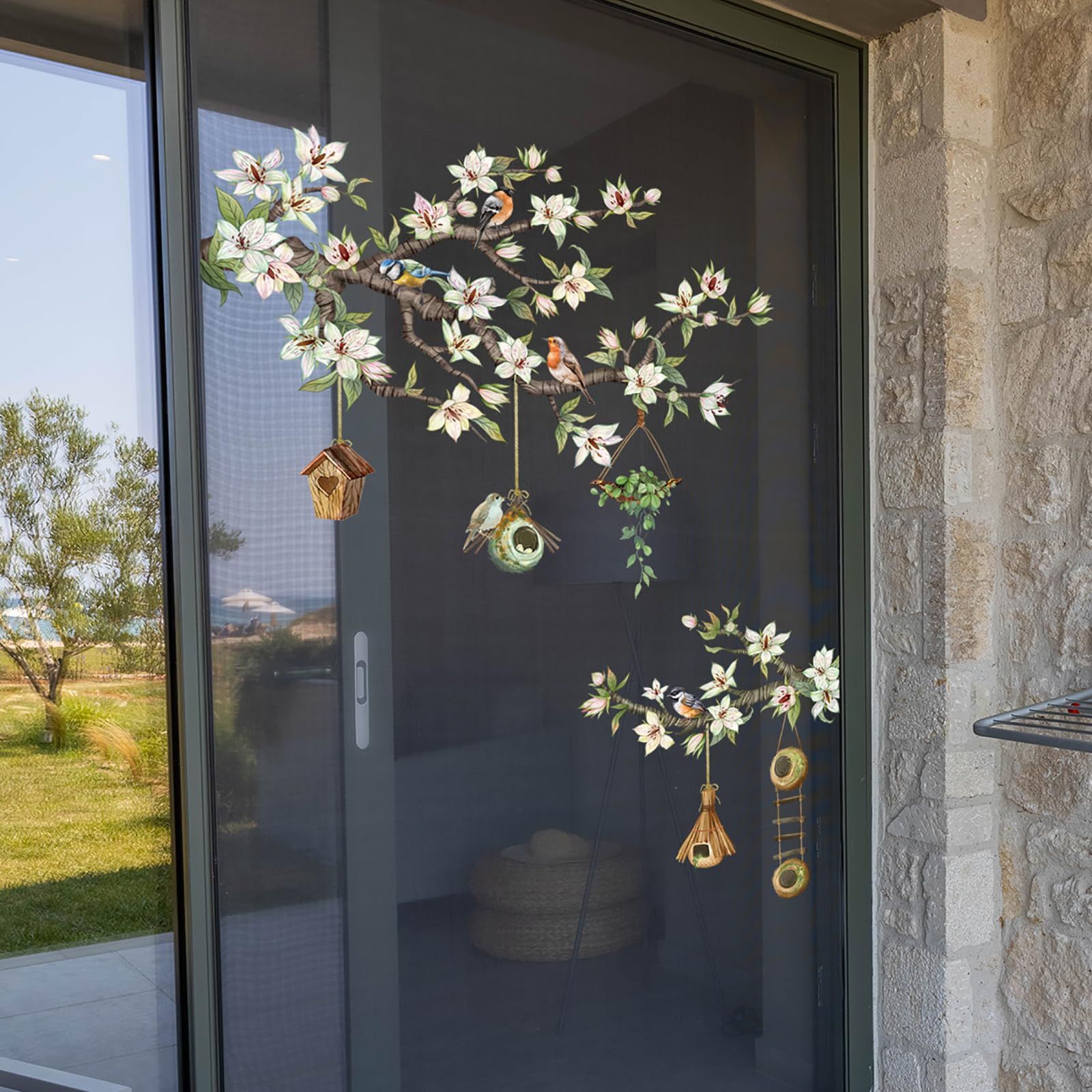 Watercolor Birds on Cherry Blossom Branches Window Clings Stickers Green Leaf and Cute Bird Nest Decor DIY Flowers Decals — image 4