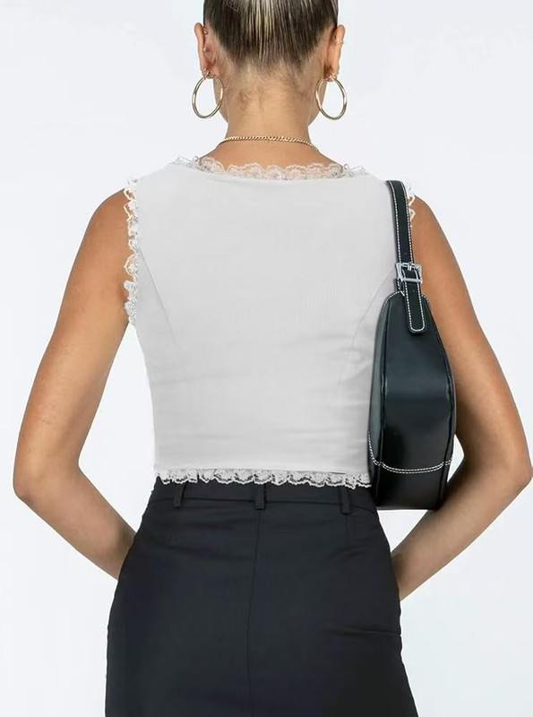2-Pack White French Vintage Lace Splice Camisole(2XL Size) - Slim Fit Halter Top with Back Detail and Button Placket โ image 3