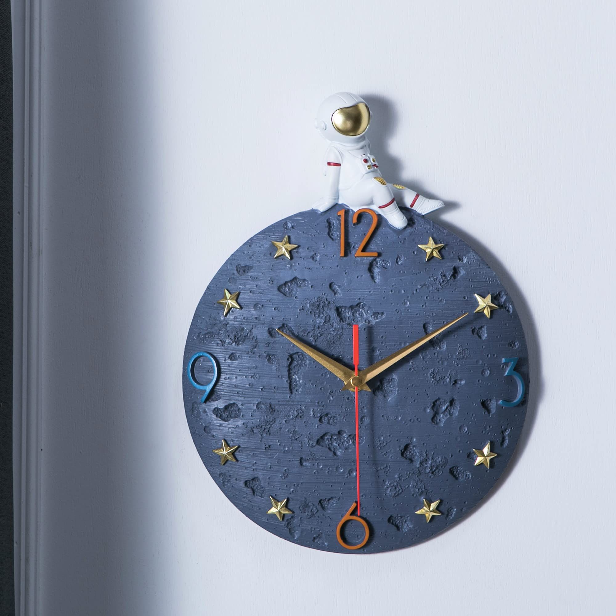 Space Theme Wall Clock, Astronaut Moon Wall Clock, 12 Inch Grey Modern Silent Clock for Kids Room Nursery Living Room Bedroom — image 4