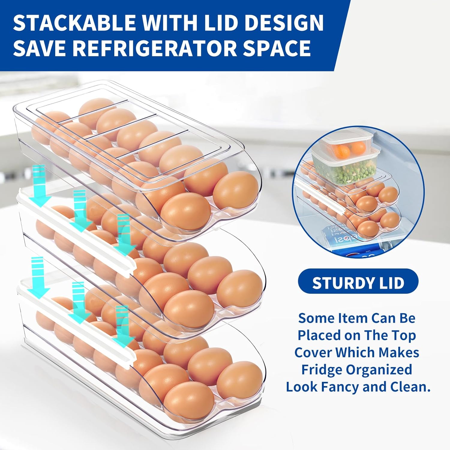 Egg Holder for Fridge, Automatic Rolling Egg Organizer for Refrigerator, Clear Plastic Egg Container & Tray, Stackable Dispenser and Storage Bin with Sturdy — image 4
