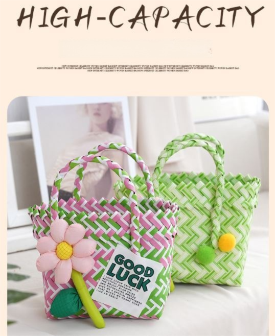 Handwoven Fresh PP Tote Bag with Upright Square Structure, Durable Mini Spring Picnic Basket and Favour Handbag 16x16x9cm, Green White Contrastion โ image 3