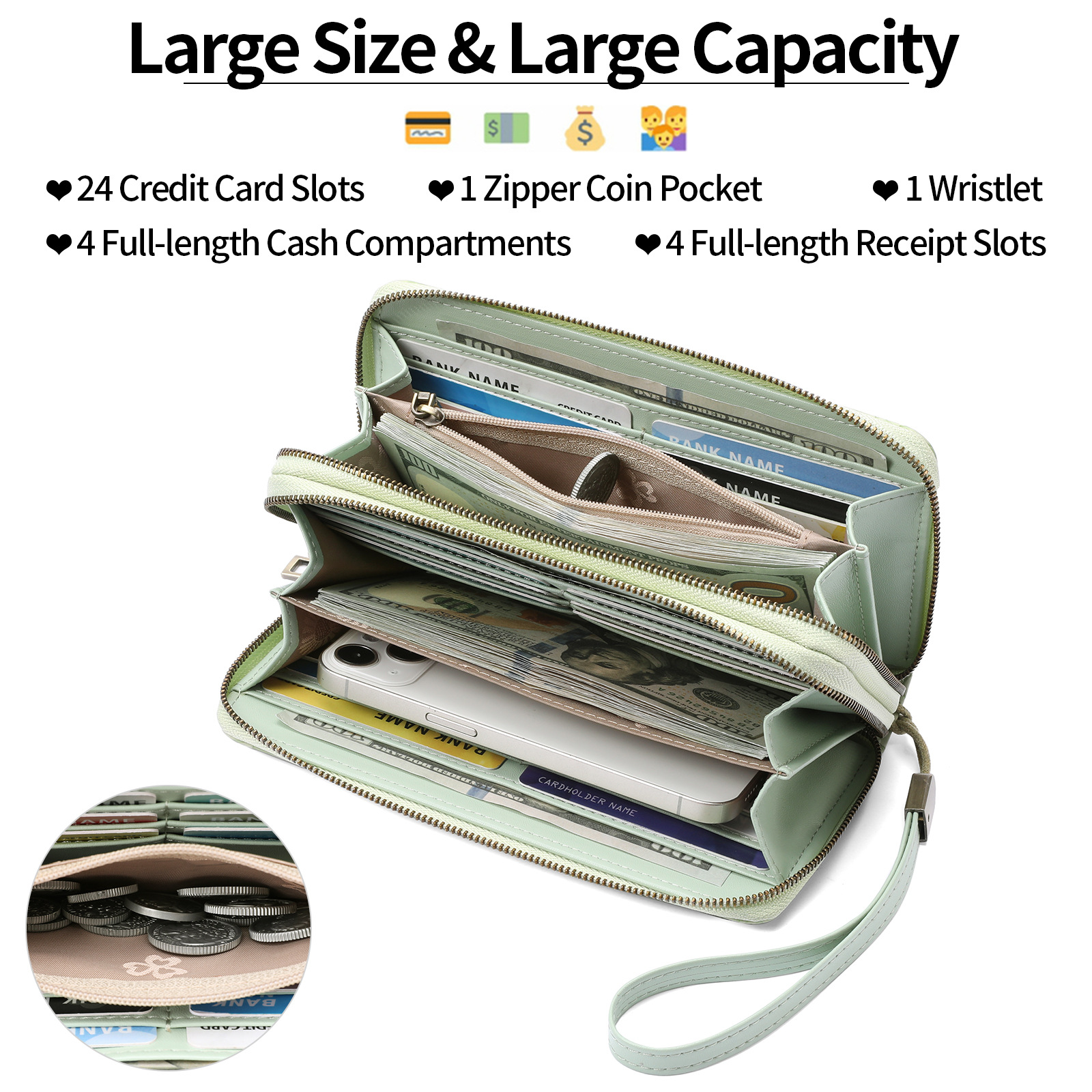 Women's Large Capacity Double Zip Wallet Clutch | PU Leather Floral Embossed Wristlet | Phone Holder with 24 Card Slots - Black — image 3
