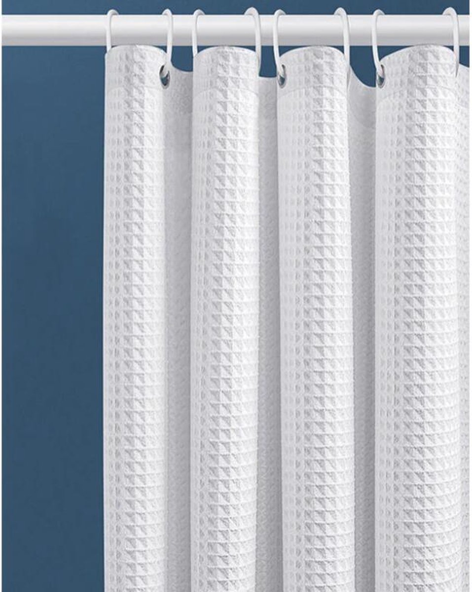 Waffle shower curtain - 80 × 180CM - White - With 6 plastic hooks - For bathroom and toilet - White - Anti-mold - Polyester - Cube Design - Shower curtain