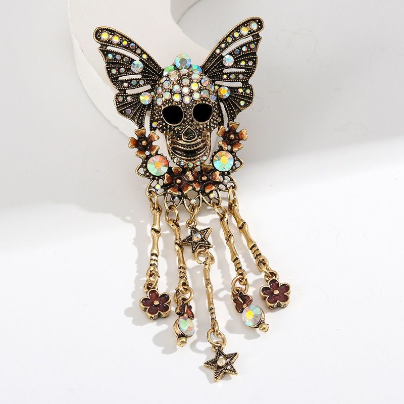 Gothic Skull Butterfly Brooch with Tassel - Vintage Rhinestone Skeleton Pin with Dangling Charms, Dark Aesthetic Statement Badge for Coat Sweater, 11.3cm โ image 3