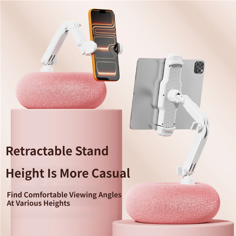 2-in-1 Pink Soft Plush Pillow Base & Tablet Holder - 3-Axis 180° Rotation, Height Adjustable and Telescopic Clamp Stand, Relieve Arm Fatigue and Neck Strain — image 4
