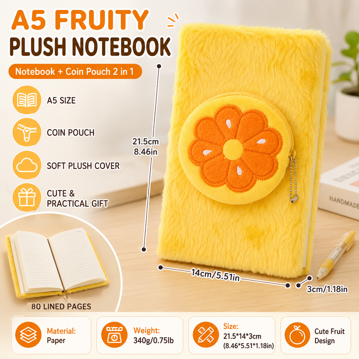 A5 Plush Fruit Notebook with detachable orange-shaped coin purse — features a soft plush cover and 80 lined pages; a cute design perfect for school use or