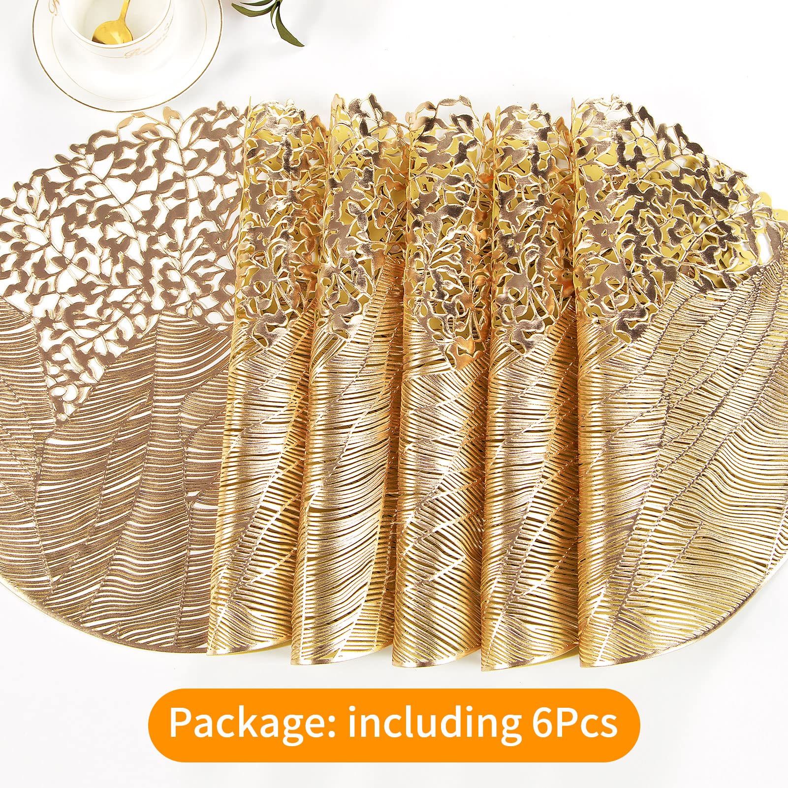 Round Vinyl Placemats Set of 6 Gold Leaf Table Mats 6pcs Indoor Outdoor Hollow Metallic Plate Non-Slip for Dinner,Party — image 4