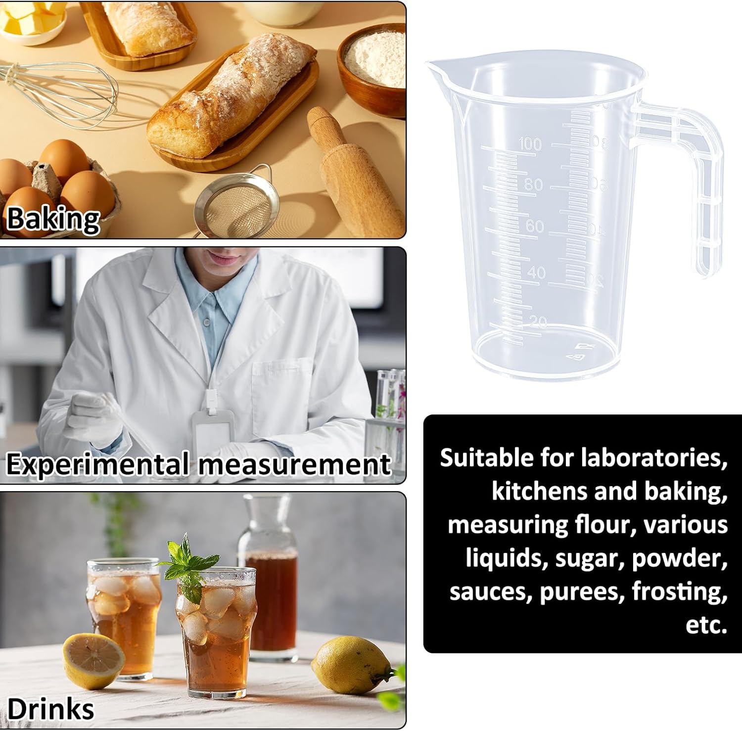 Plastic Measuring Beaker, 4 Pcs Liquid Measuring Cups, 100 ml Unbreakable Graduated Beakers with Handle and Spout, Transparent Clear Precise Markings for — image 2