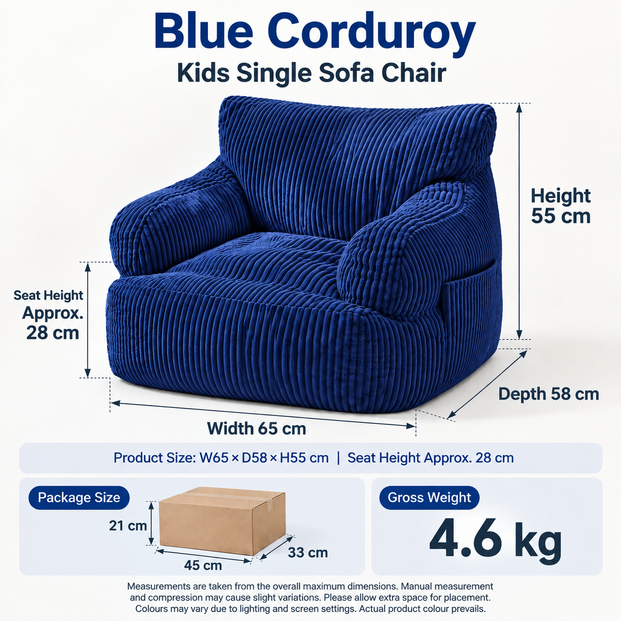 Soft Corduroy Kids Armchair with Pockets, Comfy Foam-Filled Lounge Seat for Bedroom Living Room Reading Napping and Playtime, Multiple Colors (Blue)