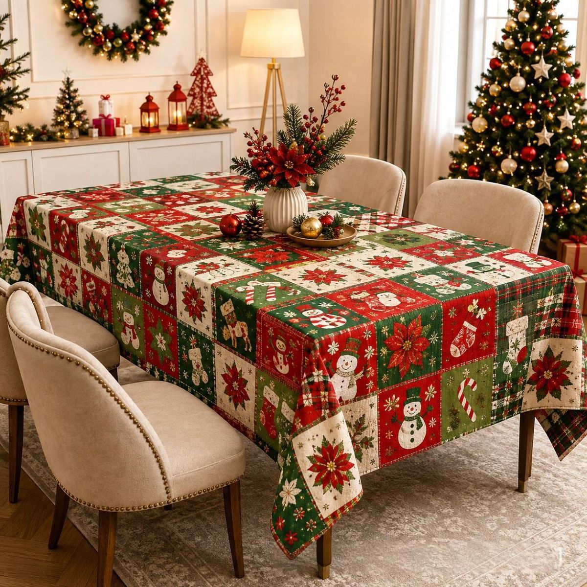 Christmas Patchwork Snowman Rectangle Table Cloth Polyester holiday Xmas Winter tablecloth Machine Washable Table Cover Stain Wrinkle Resistant Dining Party Kitchen Decor - C - Size 140x240cm