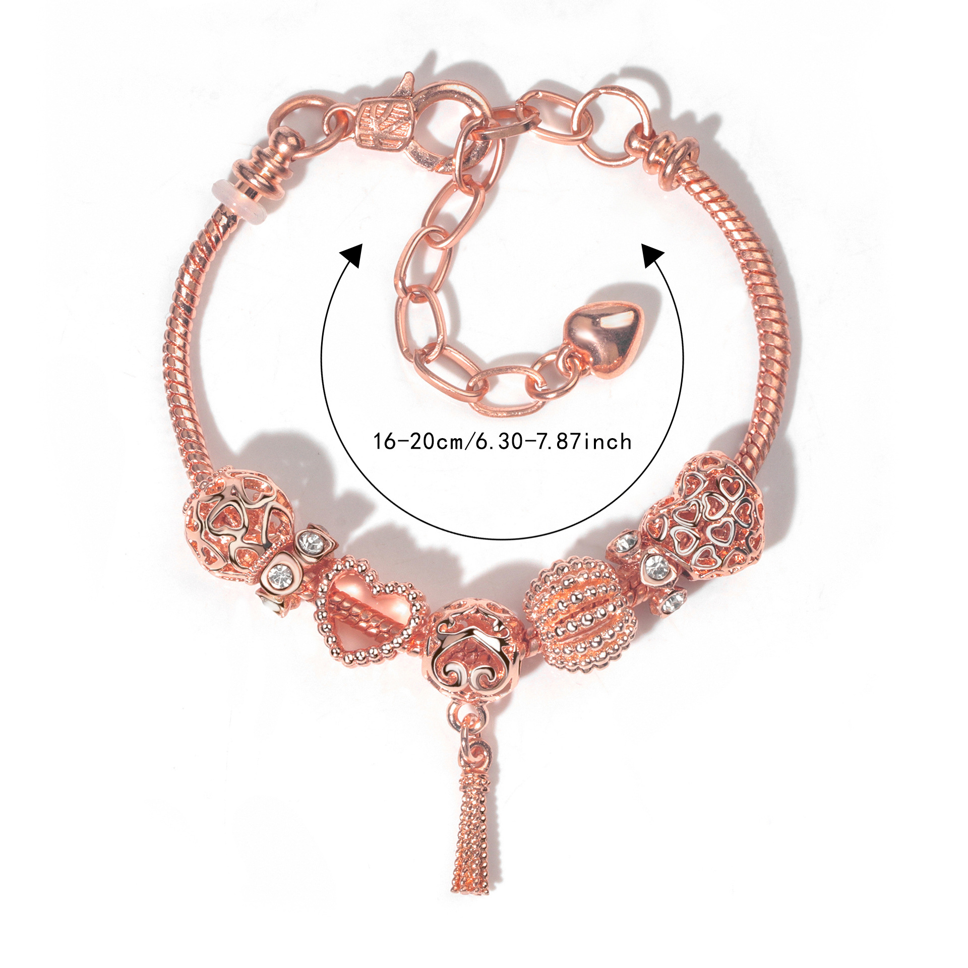 Rose Gold Hollow Carved Heart Bead Tassel Bracelet(18cm) — image 2