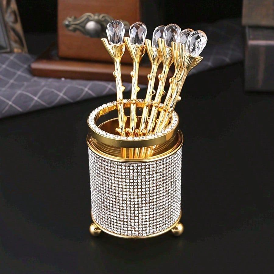 6pcs Luxury Iron Spoon Set European Style High End Dessert Spoons 1pc Storage Bucket Ideal For Afternoon Tea Western Restaurant Home Kitchen Hotel