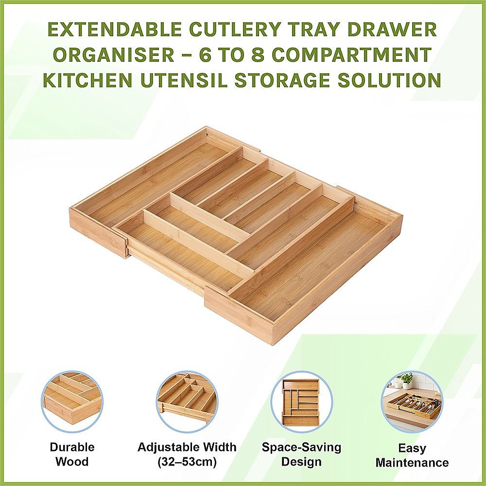 Extendable Cutlery Tray Drawer Organiser – 6 to 8 Compartment Kitchen Utensil Storage Solution — image 2