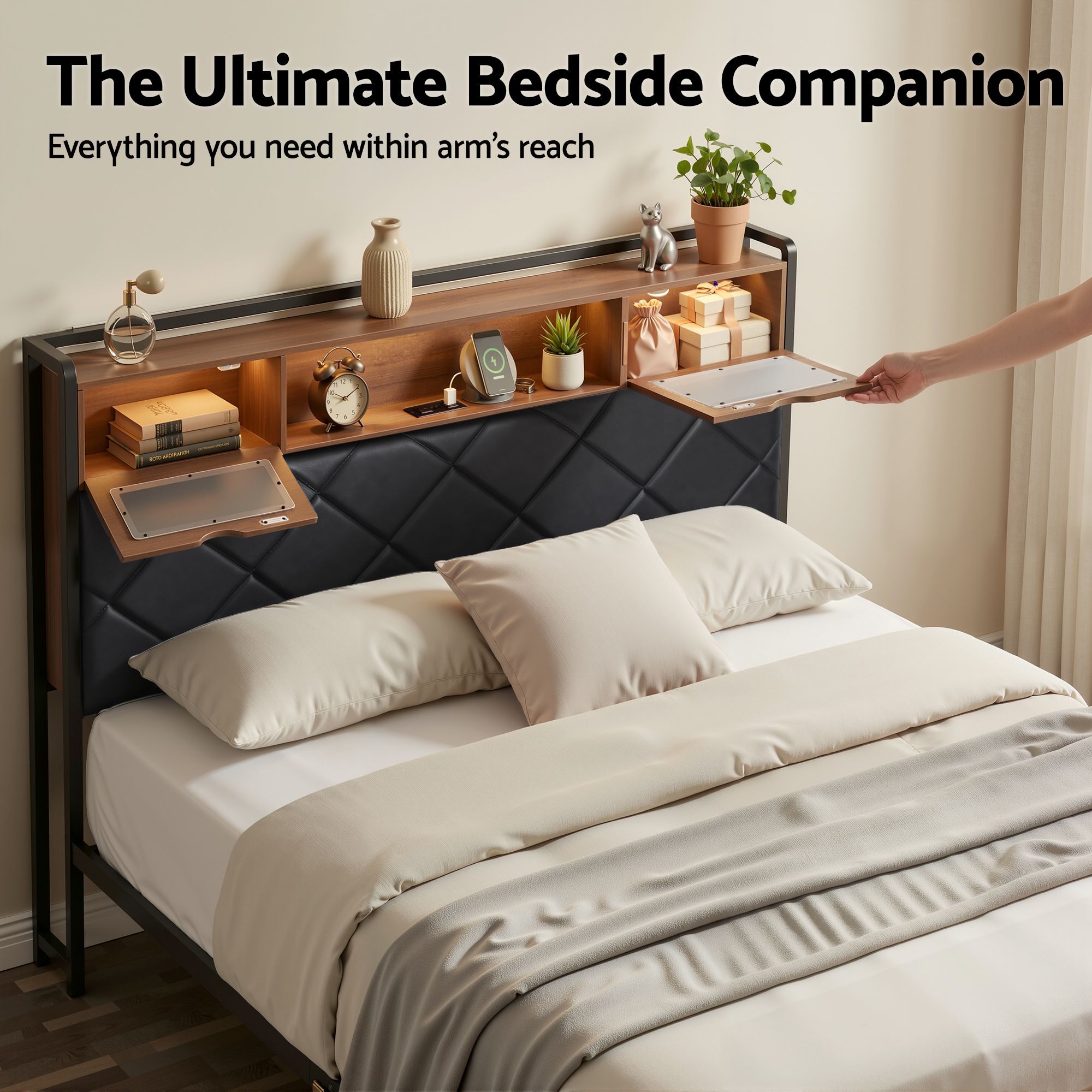 Artiss Double Bed Frame with LED Lights Storage Headboard 2 USB 2 AC Outlets Charging Station โ image 6