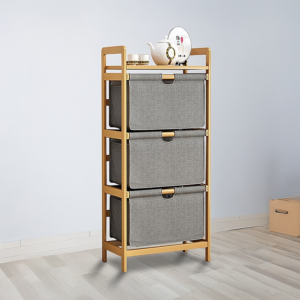 Bamboo Shelf with Storage Hamper – Wooden Organiser with 3 Laundry Bags — image 5