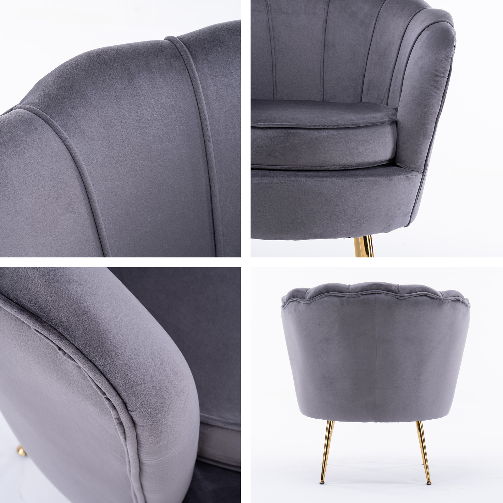 Armchair Lounge Chair Accent Velvet Shell Scallop + Ottoman Footstool Round GREY — image 3