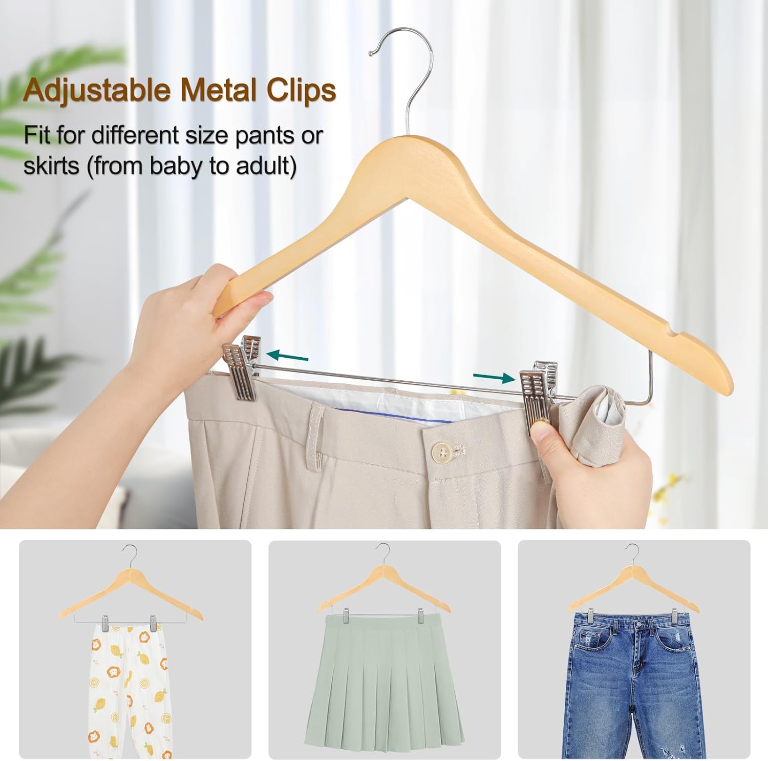 TOPIA HANGER Wooden Hangers with Adjustable Metal Clips and 360° Swivel Hook, Premium Wood Clothes Hangers 10 Pack for Suit, Pant, Skirt, Jeans, Coat — image 6