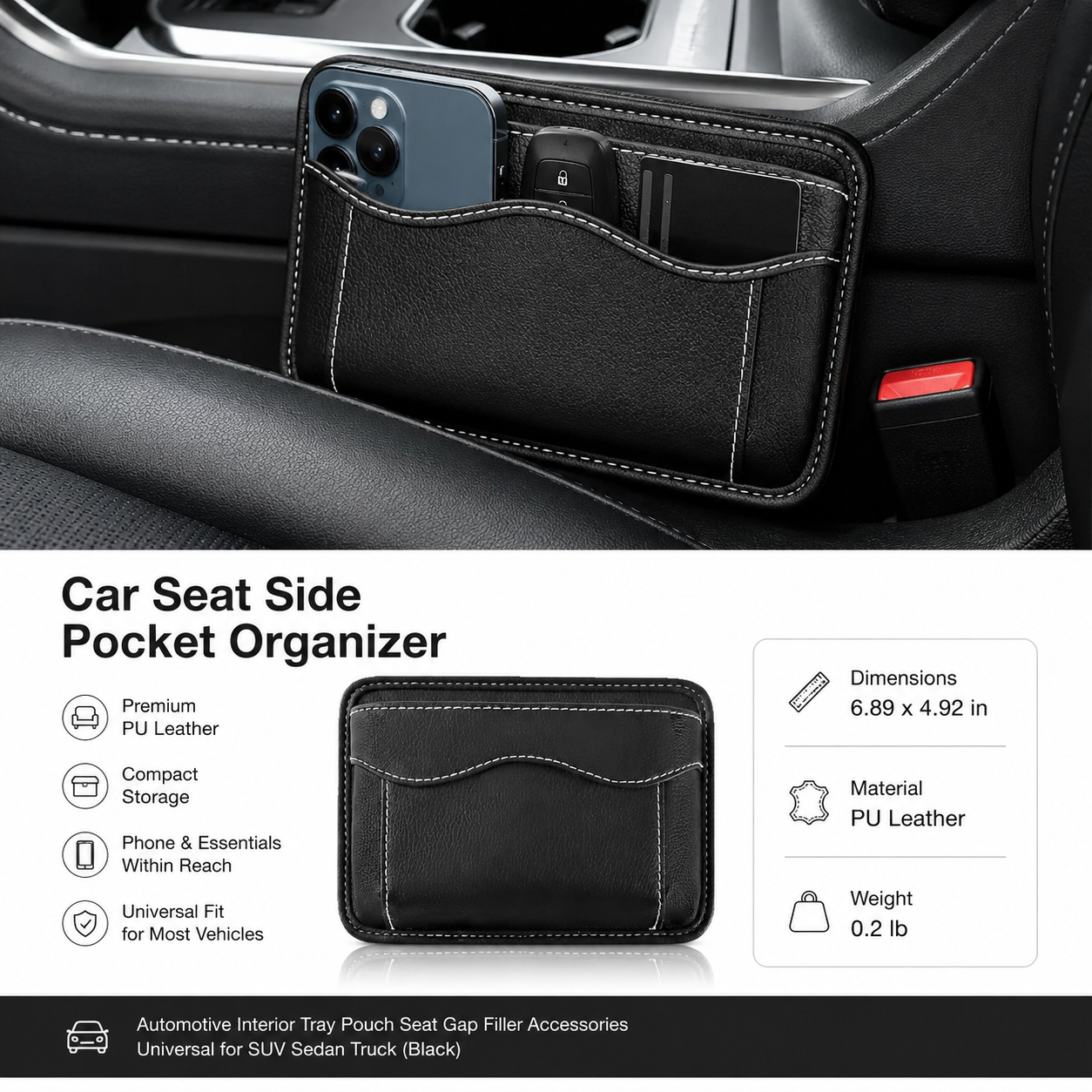 Car Seat Side Pocket Organizer, PU Leather Mini Vehicle Phone Holder Storage Bag, Automotive Interior Tray Pouch Seat Gap Filler Accessories, Universal for SUV — image 5