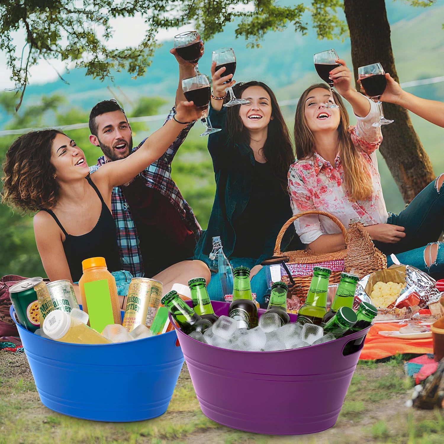 6 Pack Plastic Ice Buckets with Handles, 4.5 L Drink Tubs for Wine, Beer, Champagne, Parties, Bars and Beverage Cooling, Assorted Colours — image 5