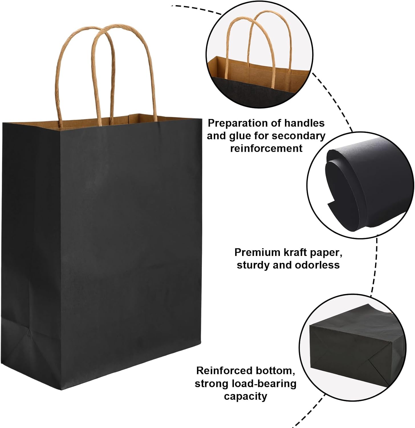 Moretoes 100pcs Paper Gift Bags 10x5x13 Inches Black Kraft Paper Bags with Handles Bulk for Shopping, Retail, Small Business, Birthday Wedding Party Favor โ image 3