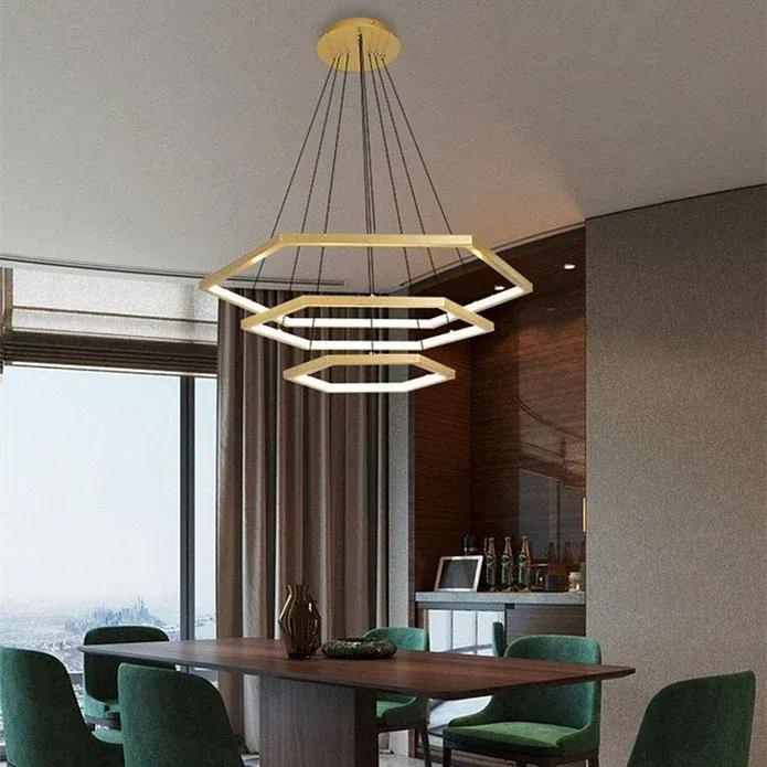 BAMDECOR AD2582/3 Modern LED Chandelier, Hexagonal Rings Ceiling Lighting Contemporary Chandeliers (3 Rings-Gold) — image 2