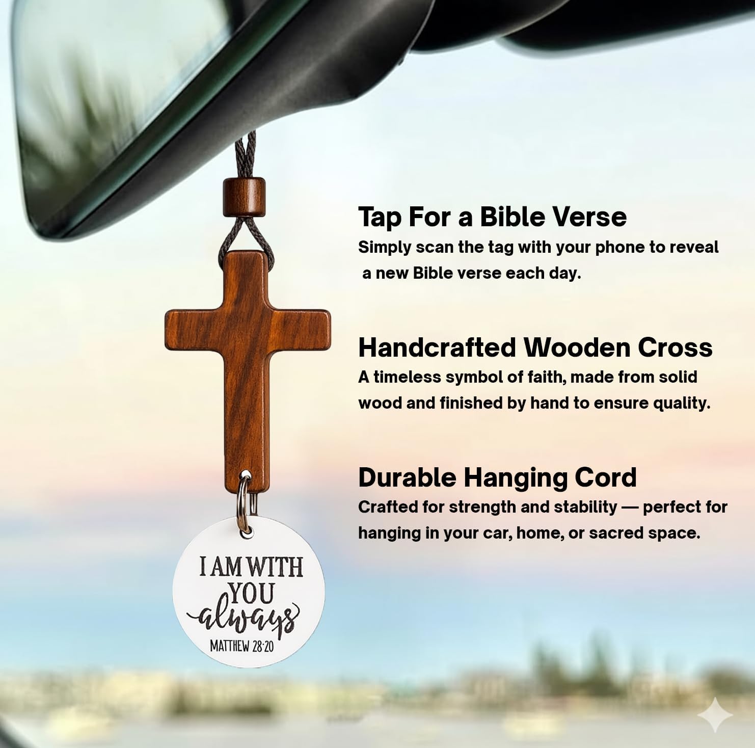 Daily Bible Verse Rearview Mirror Cross Ornament – Daily Scripture Car Pendant Cross with "I Am with You Always" Medallion (White) — image 2