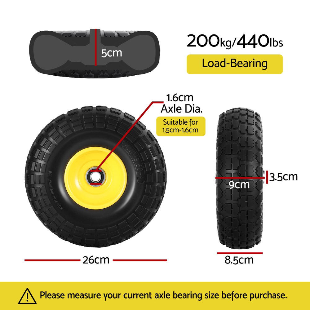 Gardeon 2pcs, 4.10/3.50-4 Tire And Wheel Flat Free, 26cm Solid Rubber Tires with 5/8 Axle Bore Hole And Double Sealed Bearings, Garden — image 5