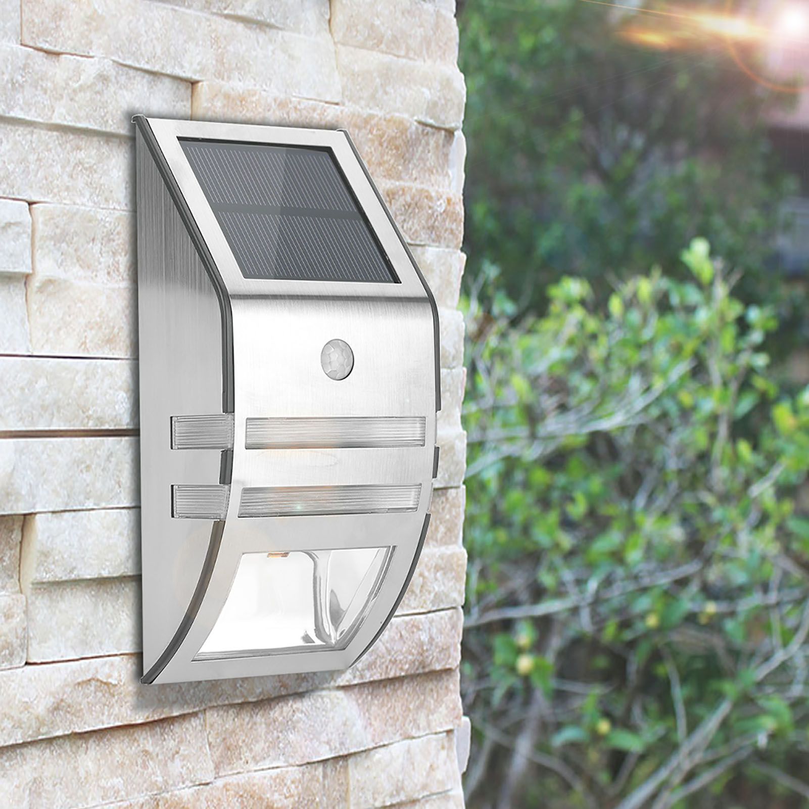 Solar Powered PIR Motion Sensor 2 LED Path Wall Light Garden Security Lamps Silver Pure White — image 2