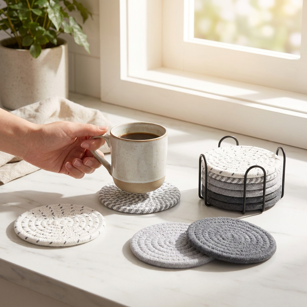 Gray tones 8 Piece Handmade Braided Cotton Coasters Set with Holder 4.3 Inch Round Absorbent Drink Coasters Heat Resistant Table Protection Cup Mats for Home β image 3
