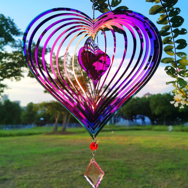 Metal wind chime, hanging garden decoration, stainless steel, heart pattern, spin with 360° rotating hook, 37 × 20 cm