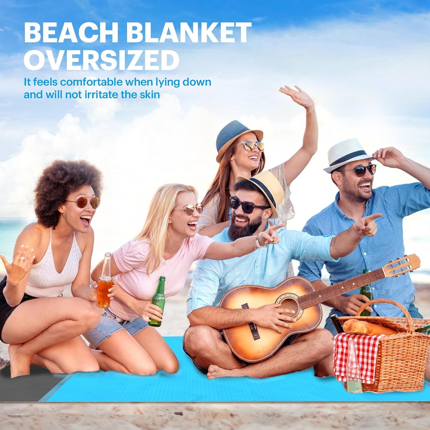 Oversized Sandproof Beach Blanket, Water Resistant Picnic Mat for Camping, Hiking, Travel and Family Beach Days, Blue, 200 x 210 cm — image 5