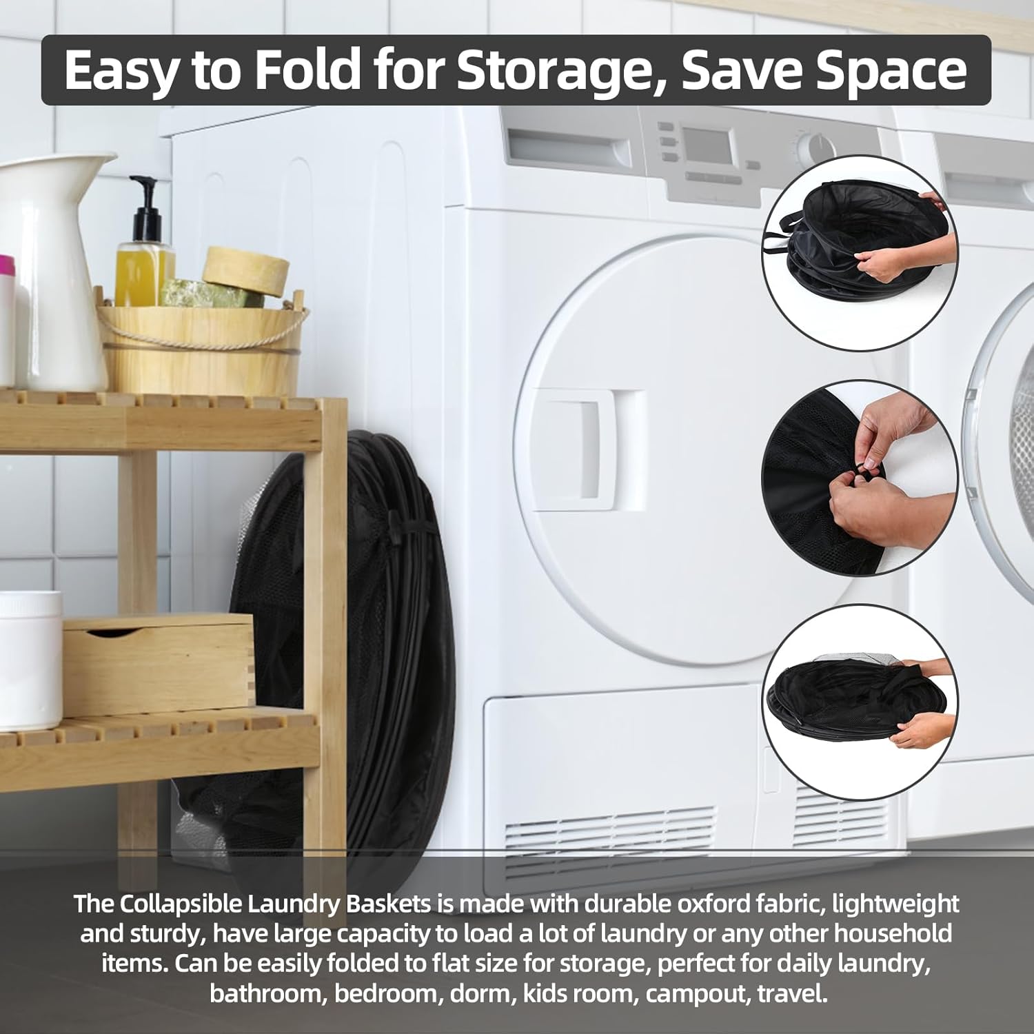 Extra Large 107L Strong Laundry Hamper 17.5" x 27" Collapsible Laundry Baskets with Long Straps Drawstring Barrel Foldable Hamper for Laundry Room, Bathroom โ image 6