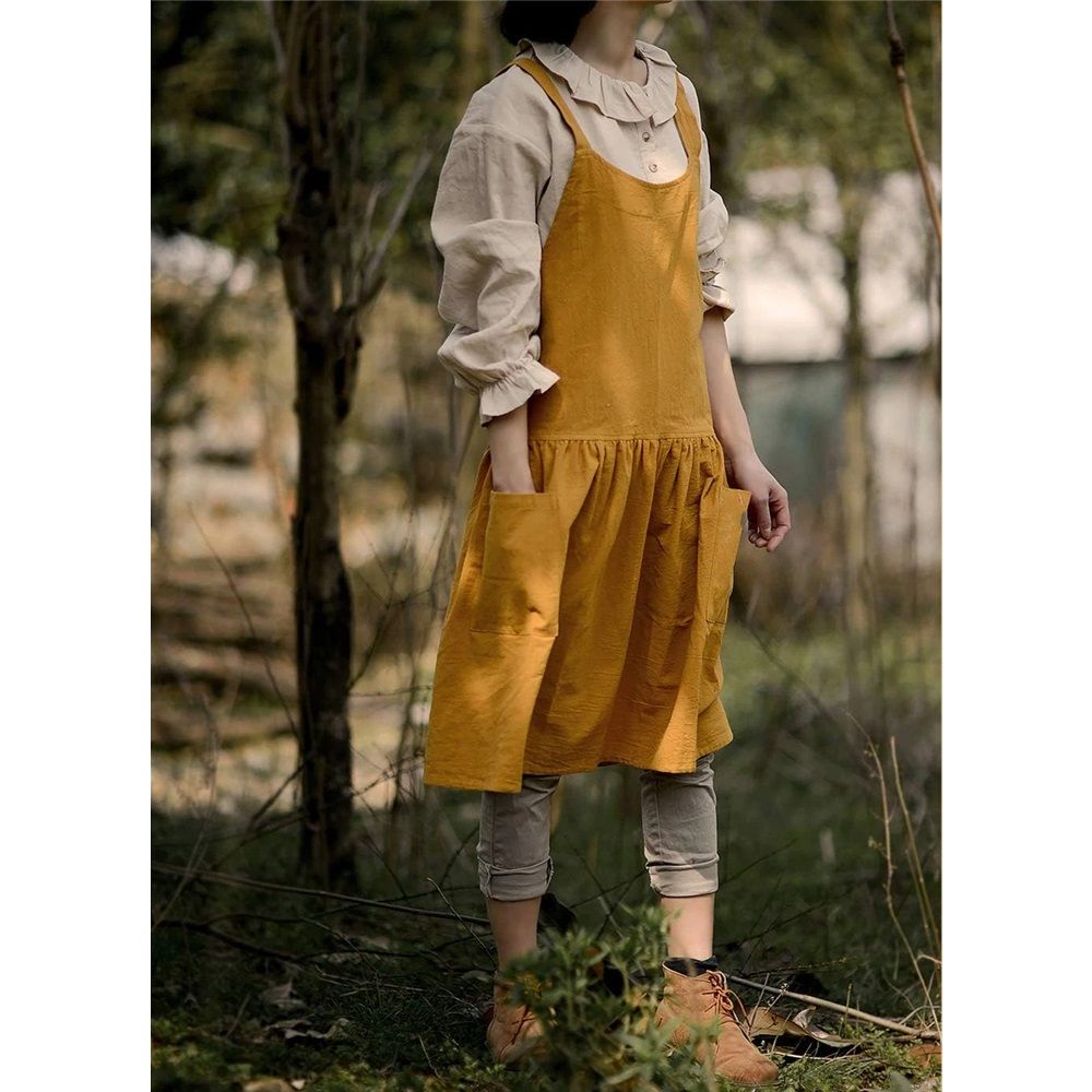 Women's cotton and linen apron with cooking and cleaning pockets, yellow, without waistband (ginger yellow) โ image 5
