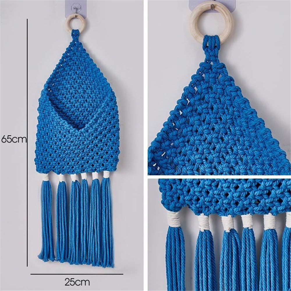 Handwoven Cotton Tassels Wall Hanging Basket Organizers Pocket For Dried Flower Mail Holder Nursery Home Decoration Wall Hanging Basket(Blue) — image 5