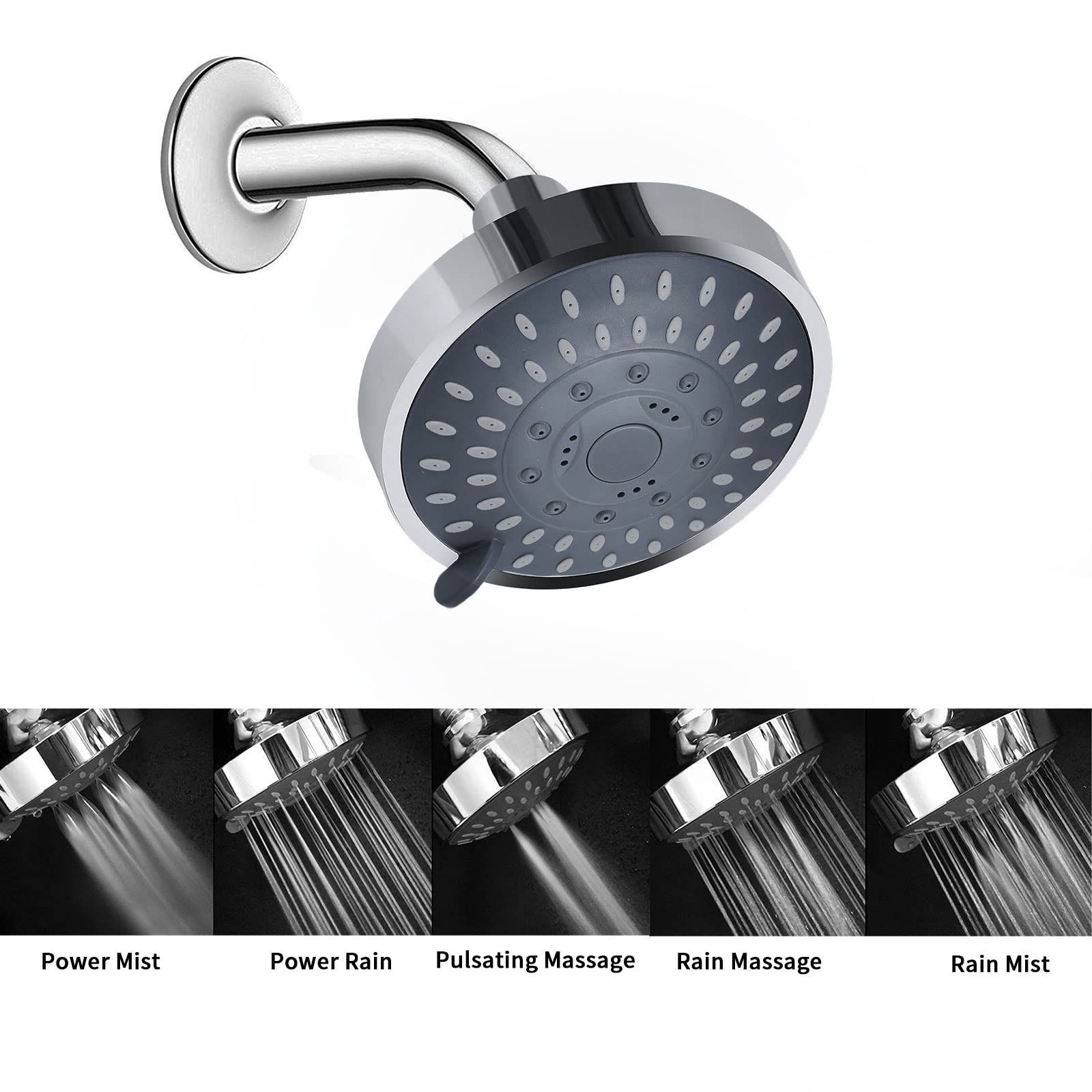 Shower Head High Pressure Rain Fixed Showerhead 5-Setting with Adjustable Metal Swivel Ball Joint - Low Water Flow & Pressure — image 3