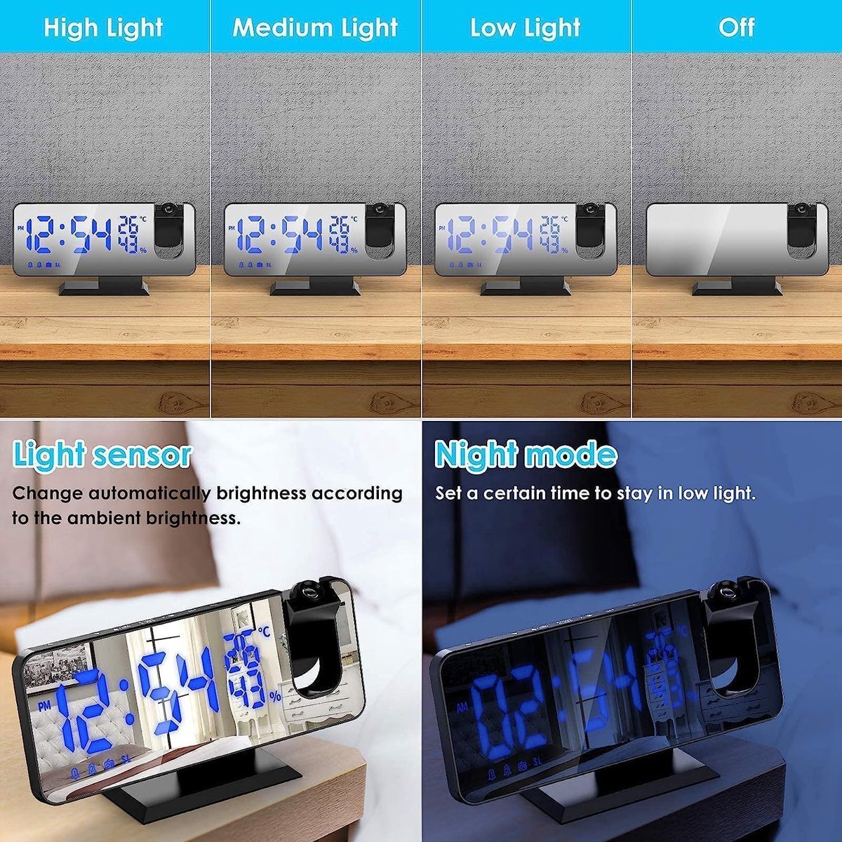 Radio Wekker digital projection with 4 dimmers and 180° rotation - 2 sounds - Groot 7.4'' mirror screen Black-Blue — image 4
