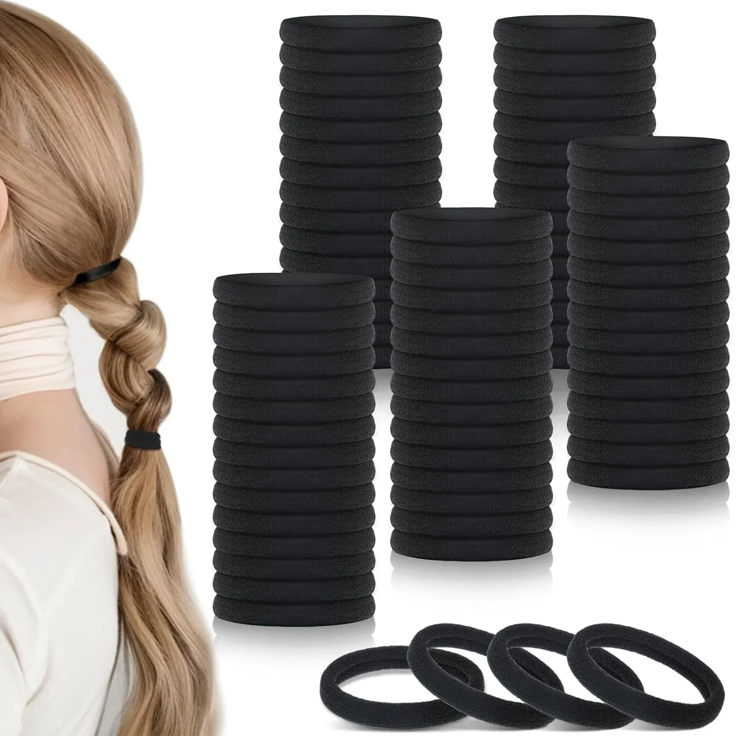 100 Pcs Hair Ties for Thick Hair, Seamless Nylon Elastic Ponytail Holders for Women Girls, Black